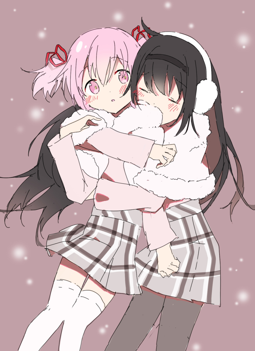 2girls akemi_homura arm_around_shoulder arm_around_waist black_hair black_hairband black_legwear capelet closed_eyes covered_mouth cowboy_shot dot_nose earmuffs eyebrows_visible_through_hair facing_viewer fur-trimmed_capelet fur_trim furrowed_brow grey_skirt hair_ribbon hairband head_on_another's_shoulder high-waist_skirt highres hug hug_from_behind kaname_madoka light_blush light_particles long_hair long_skirt looking_at_another looking_back mahou_shoujo_madoka_magica multiple_girls pantyhose parted_lips pink_eyes pink_hair pink_shirt plaid plaid_skirt red_ribbon ribbon sepia_background shirt shy simple_background skirt snow snowing surprised tareme thigh-highs thigh_gap twintails watanuki_uchiha white_capelet white_legwear wide-eyed winter winter_clothes zettai_ryouiki