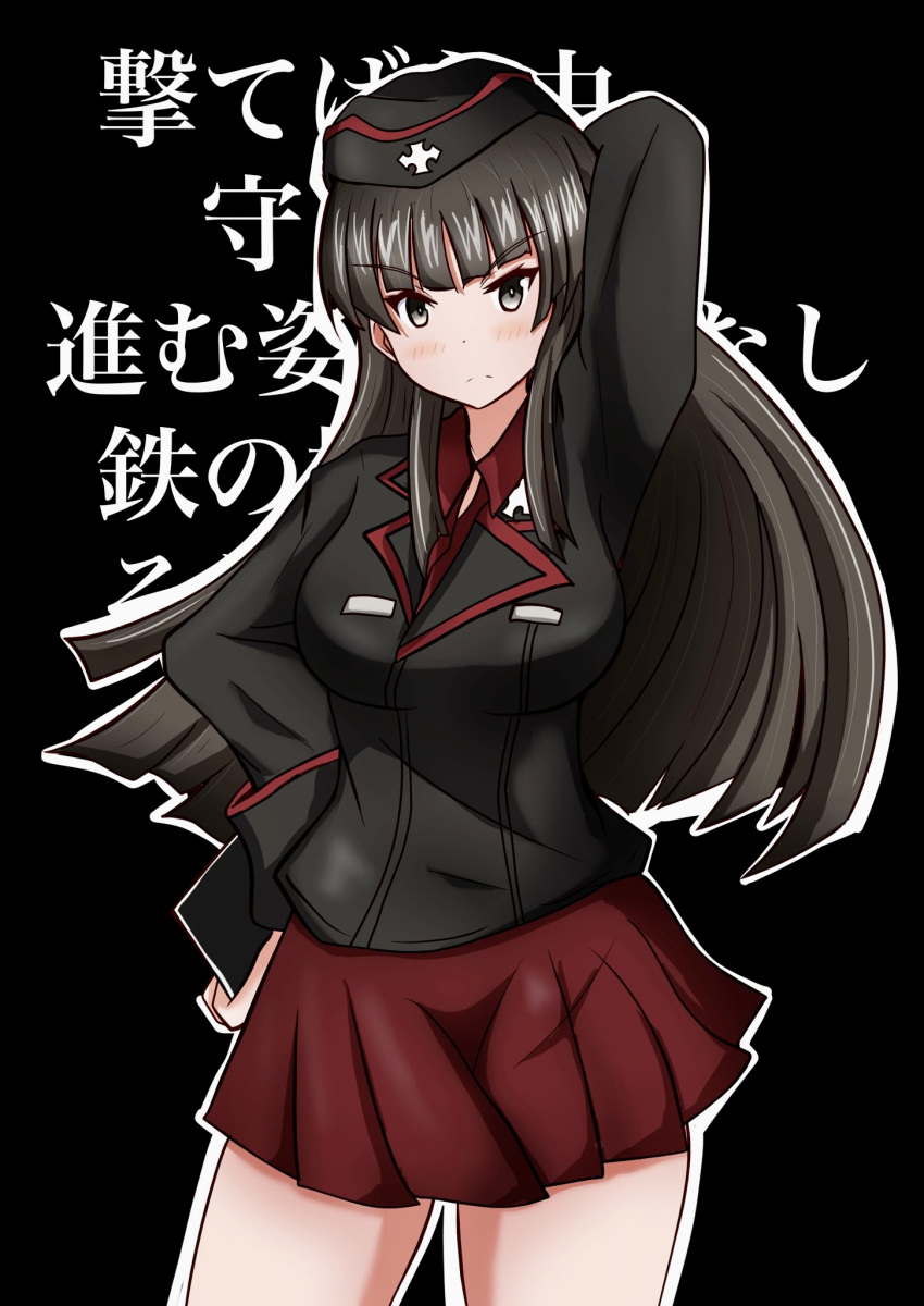 1girl arm_behind_head arm_up background_text bangs black_background black_eyes black_hair black_headwear black_jacket blunt_bangs clipboard closed_mouth commentary dress_shirt eyebrows_visible_through_hair frown garrison_cap girls_und_panzer hand_on_hip hat highres holding holding_clipboard insignia jacket kuromorimine_military_uniform long_hair long_sleeves looking_at_viewer meiya military military_hat military_uniform miniskirt nishizumi_shiho outline pleated_skirt red_shirt red_skirt shirt skirt solo standing straight_hair translated uniform white_outline wing_collar younger