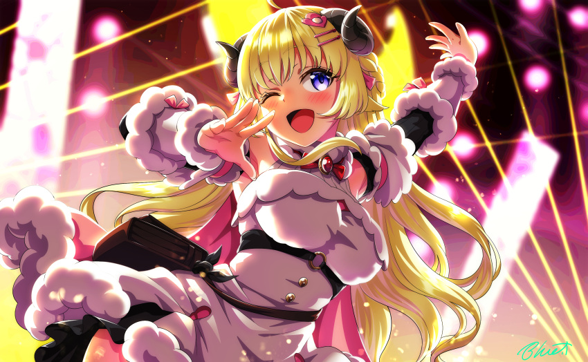 1girl ;d absurdres ahoge animal_ears arm_up belt_pouch black_skirt blonde_hair bow bowtie braid breasts brooch buru-dai buttons cape chest_strap commentary_request contrapposto dancing detached_sleeves dress fur-trimmed_cape fur-trimmed_dress fur-trimmed_sleeves fur_trim hair_ornament hairclip half_updo highres hololive horns jewelry large_breasts long_hair miniskirt o-ring one_eye_closed open_mouth pink_cape pleated_skirt pouch red_neckwear sheep_ears sheep_girl sheep_horns short_dress signature skirt sleeveless sleeveless_dress smile stage tsunomaki_watame two-sided_cape two-sided_fabric underbust very_long_hair violet_eyes virtual_youtuber white_dress
