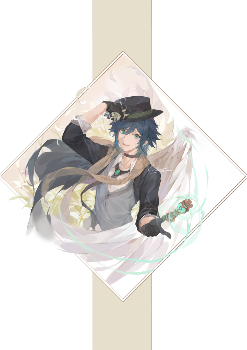 1boy absurdres androgynous bangs black_gloves black_hair blue_hair collared_shirt commentary_request feathered_wings flower genshin_impact gloves gnosis_(genshin_impact) gradient_hair green_eyes hat highres holding holding_flower long_sleeves looking_at_viewer male_focus multicolored_hair mushi_c_jun necktie open_mouth porkpie_hat scarf shirt signature simple_background smile solo sparkle venti_(genshin_impact) white_background white_flower white_shirt wind wings