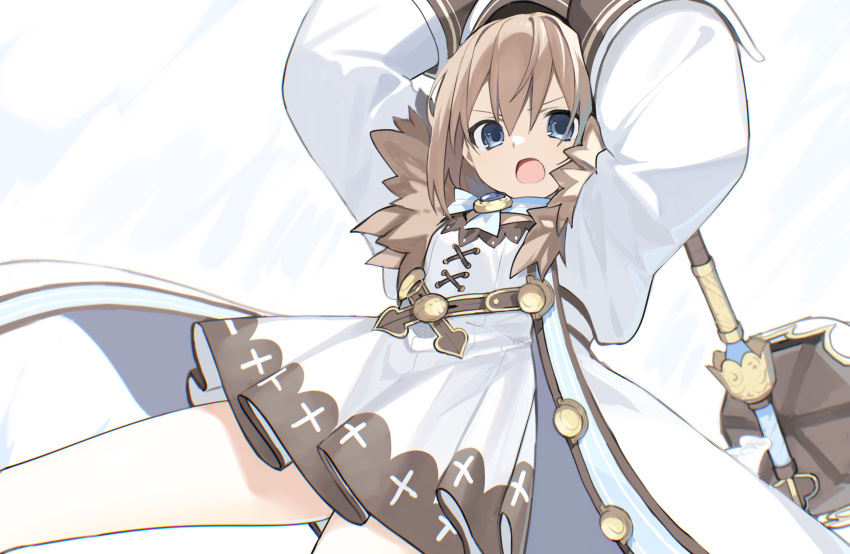 1girl blanc blue_eyes brown_hair buran_buta coat dress flat_chest fur_trim hair_between_eyes hammer hat highres holding holding_hammer looking_at_viewer neptune_(series) open_mouth short_hair simple_background solo white_background white_dress