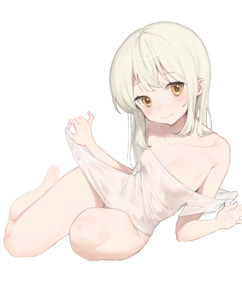 1girl absurdres bare_legs bare_shoulders barefoot blush bottomless breasts brown_eyes clothes_pull collarbone eyebrows_visible_through_hair highres long_hair looking_at_viewer off_shoulder original pulled_by_self rubyaano_(ducl323) see-through shirt small_breasts smile solo t-shirt transparent_background white_hair wide_hips