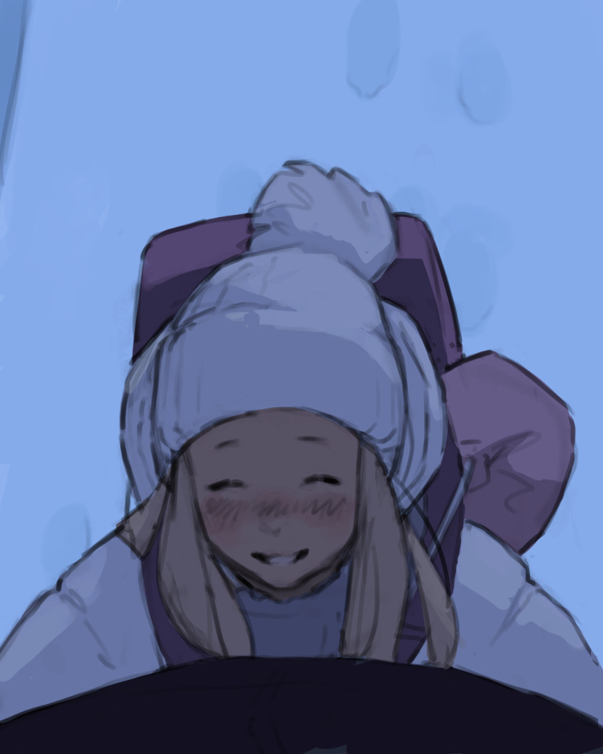 1girl :d backpack bag blonde_hair blush child closed_eyes coat facing_viewer footprints happy hat highres knit_hat long_hair long_sleeves luimiart open_mouth original outdoors smile snow solo white_coat winter_clothes winter_coat