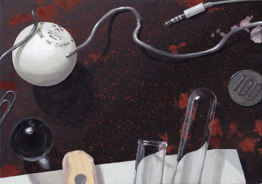 acrylic_paint_(medium) ball cable coin earphones earphones english_text highres marble metal_wire no_humans noske original paper paperclip still_life table_tennis_ball test_tube traditional_media wire yen