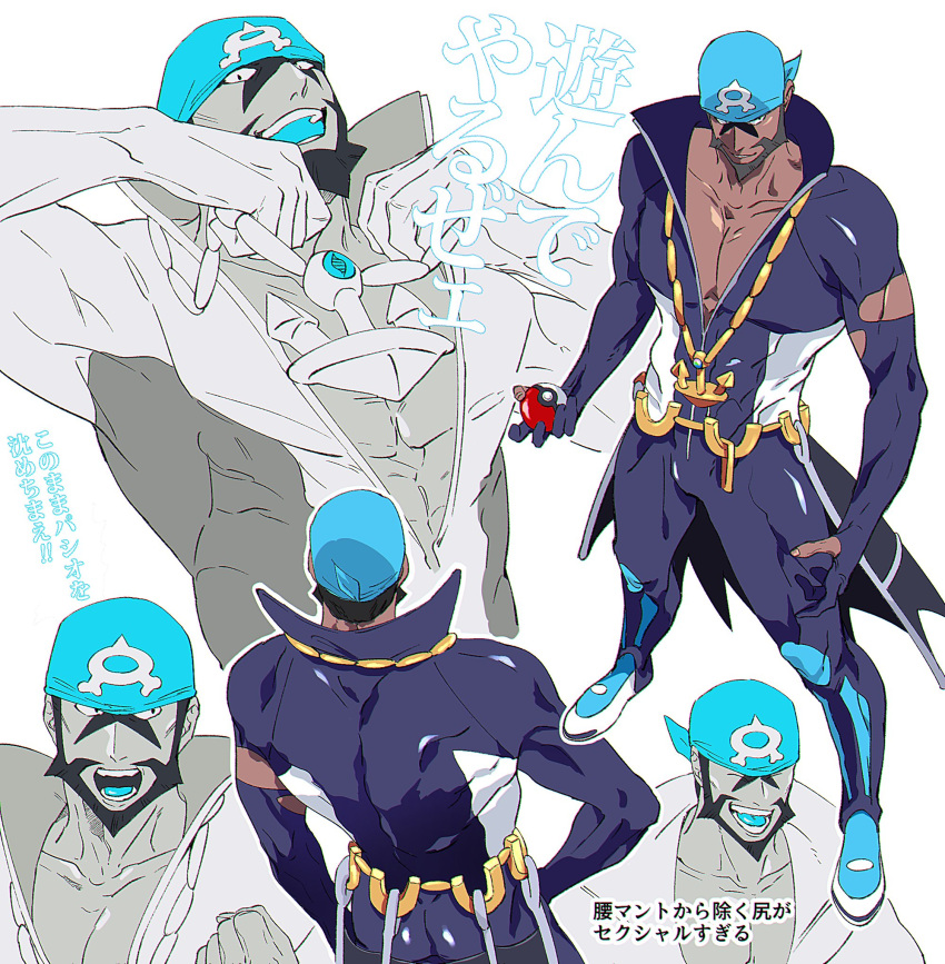 1boy :d anchor_necklace archie_(pokemon) bandana beard black_eyes blue_bandana brown_hair collarbone commentary_request dark-skinned_male dark_skin facial_hair highres holding holding_poke_ball male_focus multiple_views muscular muscular_male no_(so_dattamono) open_mouth pectorals poke_ball pokemon pokemon_(game) pokemon_oras popped_collar short_hair smile team_aqua teeth translation_request waist_cape wetsuit |d