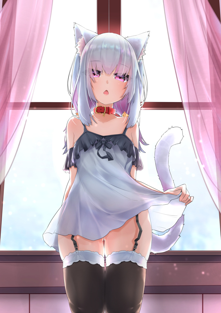 1girl absurdres animal_collar animal_ear_fluff animal_ears black_legwear cat_ears cat_girl cat_tail chemise clothes_lift collar curtains dress dress_lift eto_(eto96-1114) fang garter_straps highres long_hair low_twintails moe2021 multicolored_hair open_mouth original pink_eyes pink_hair see-through_silhouette silver_hair skin_fang tail thigh-highs triangle_mouth twintails two-tone_hair window