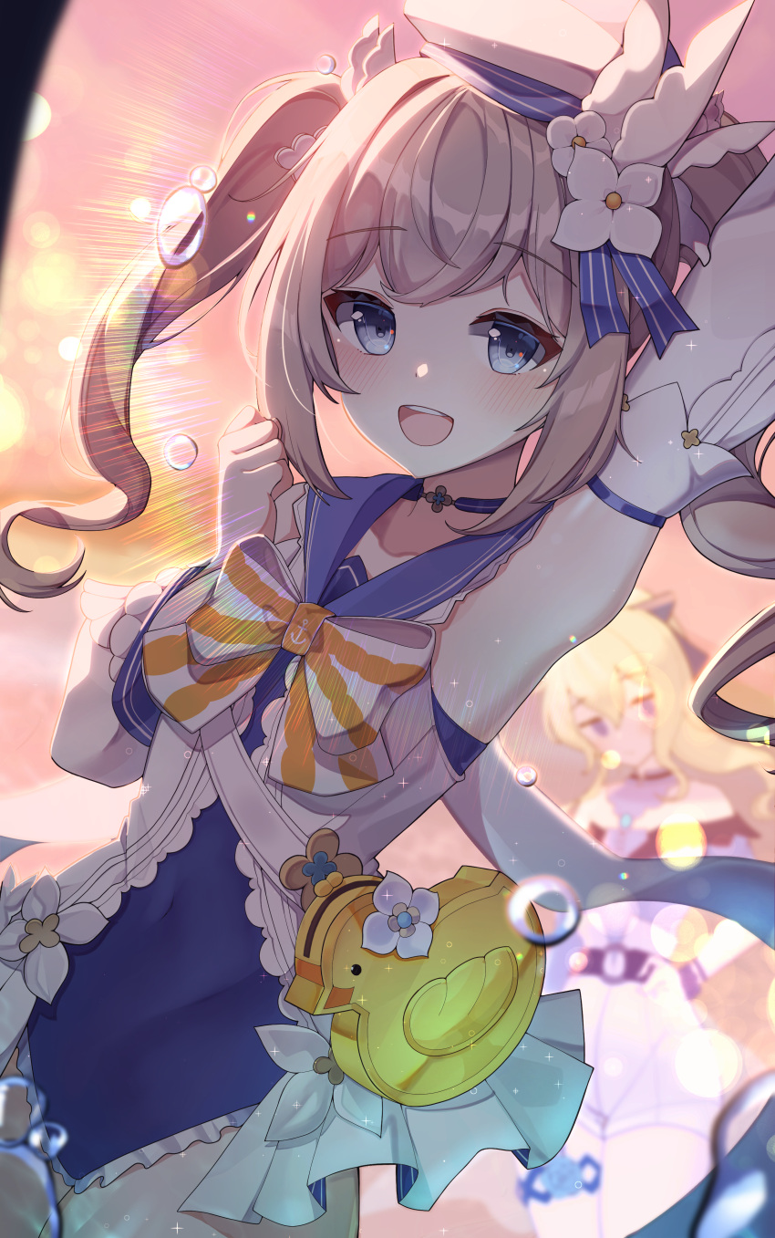 1girl absurdres arm_up armpits barbara_pegg blonde_hair blue_choker blue_eyes blush bow bubble choker detached_sleeves drill_hair flower genshin_impact hair_flower hair_ornament hat highres long_sleeves open_mouth pomp_(qhtjd0120) smile solo striped striped_bow swimsuit swimsuit_under_clothes twin_drills twintails upper_body white_flower white_headwear