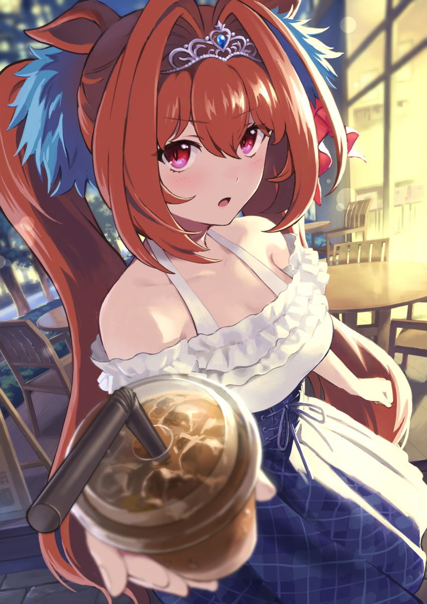 animal_ears arm_at_side backlighting bangs blue_dress blur blurry blurry_background bokeh brown_hair bubble_tea chair city clenched_hand commentary_request corset cup daiwa_scarlet_(umamusume) depth_of_field diadem disposable_cup dress drinking_straw eyebrows_visible_through_hair eyes_visible_through_hair frilled_dress frills gem hair_between_eyes hair_intakes hair_ornament highres holding holding_cup horse_ears ice ice_cube light light_blush long_hair looking_at_viewer nnen5605 off-shoulder_dress off_shoulder parted_lips plaid plaid_skirt pom_pom_(clothes) pov red_eyes shadow skirt table twintails umamusume white_dress window
