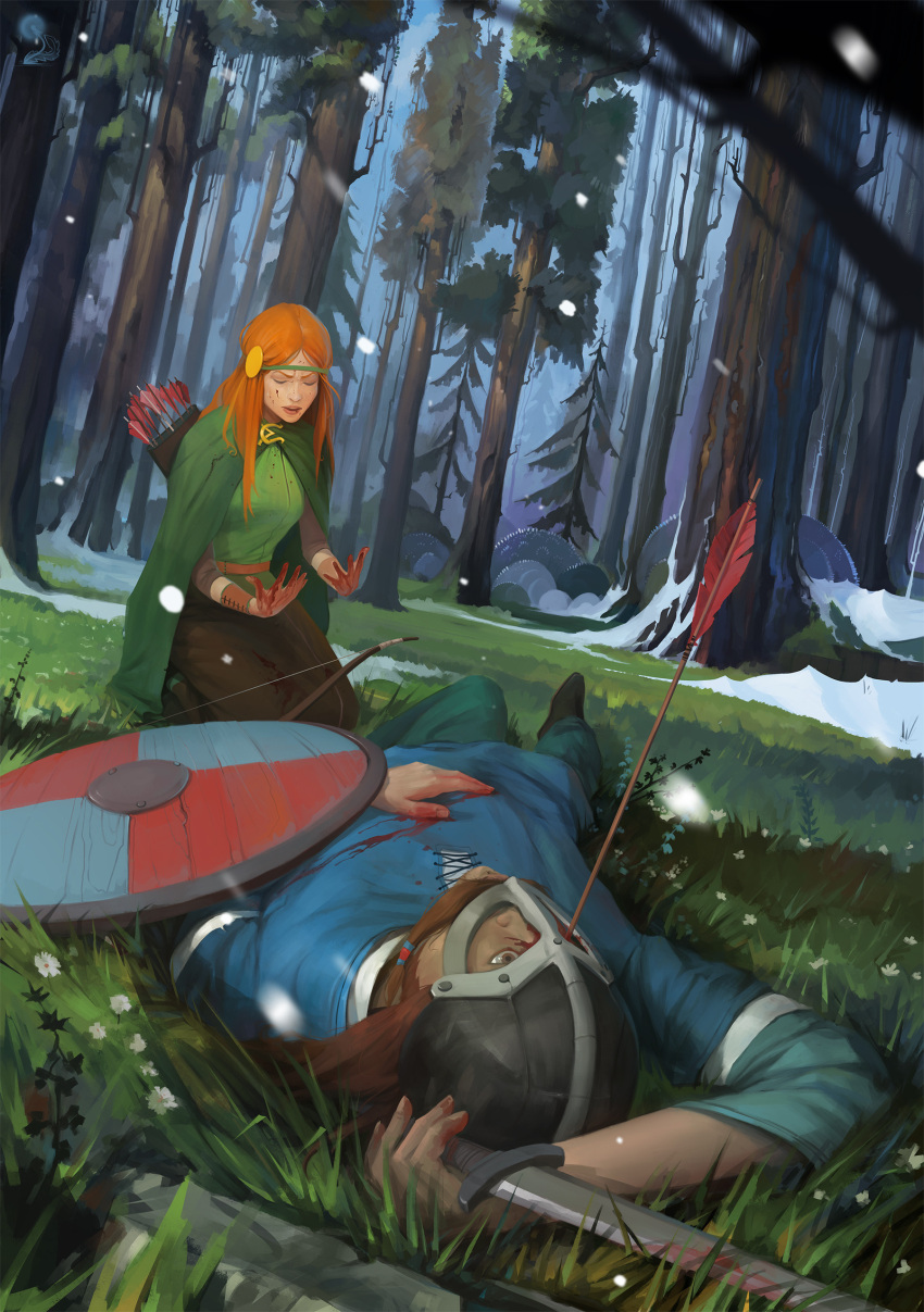 1boy 1girl absurdres alette_(banner_saga) arrow_(projectile) beard blood bloody_clothes bloody_hands blue_shirt bow_(weapon) bracer brown_hair brown_skirt cape closed_eyes corpse facial_hair forest grass green_cape haryarti helmet highres long_hair nature onef orange_hair quiver shield shirt sitting skirt snow spoilers sword the_banner_saga weapon