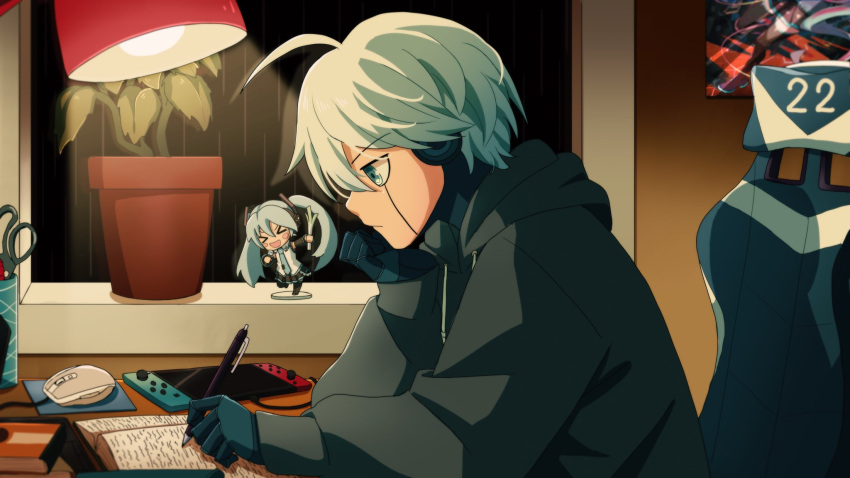 1boy ahoge alternate_costume android book chair cheer_(cheerkitty14) closed_mouth commentary dangan_ronpa_(series) dangan_ronpa_v3:_killing_harmony english_commentary green_hoodie grey_hair hatsune_miku highres holding holding_pen hood hood_down hoodie keebo lamp long_sleeves mouse_(computer) nintendo_switch number office_chair pen plant potted_plant scissors short_hair sitting solo statue vocaloid writing