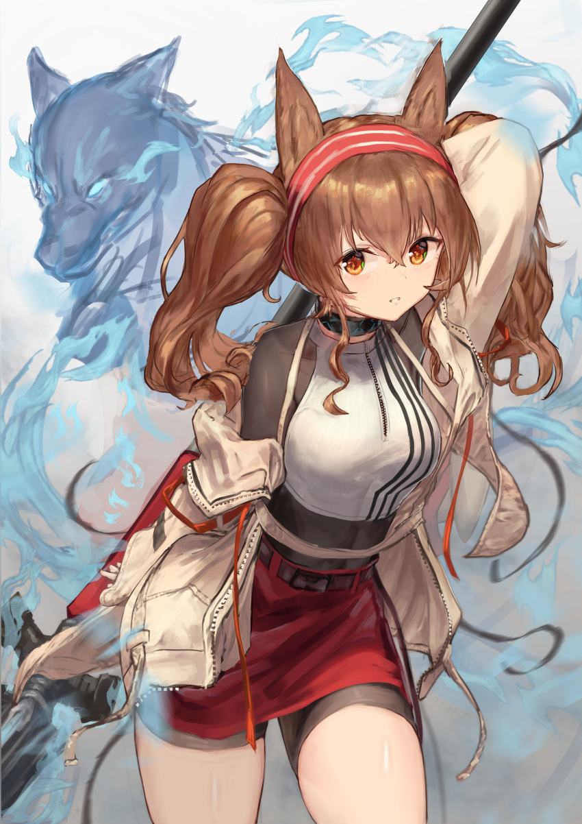 1girl absurdres angelina_(arknights) animal_ears arknights arm_up beige_jacket black_bodysuit bodysuit bodysuit_under_clothes brown_eyes brown_hair commentary covered_collarbone cowboy_shot crop_top fox_ears hair_between_eyes hairband halter_top halterneck highres holding holding_staff infection_monitor_(arknights) jacket long_hair looking_at_viewer miniskirt off_shoulder open_clothes open_jacket originium_arts_(arknights) parted_lips red_hairband red_skirt shiny shiny_skin shirt sidelocks skirt solo staff striped striped_hairband taku57 teeth twintails white_shirt zipper