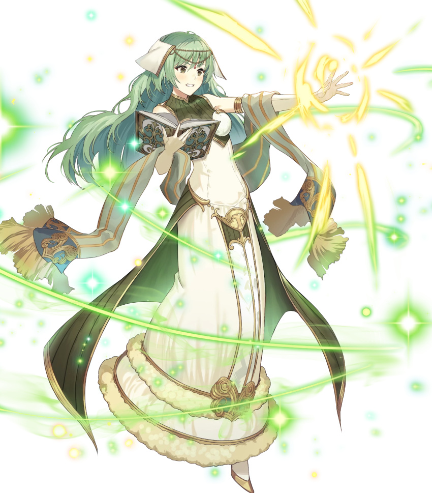1girl artist_request bangs bare_shoulders blush book breasts dress elbow_gloves eyebrows_visible_through_hair fire_emblem fire_emblem_echoes:_shadows_of_valentia fire_emblem_heroes full_body fur_trim gloves green_eyes green_hair highres holding holding_book long_dress long_skirt looking_away magic medium_breasts official_art open_book parted_lips shiny shiny_hair skirt sleeveless solo sparkle tatiana_(fire_emblem) transparent_background white_gloves