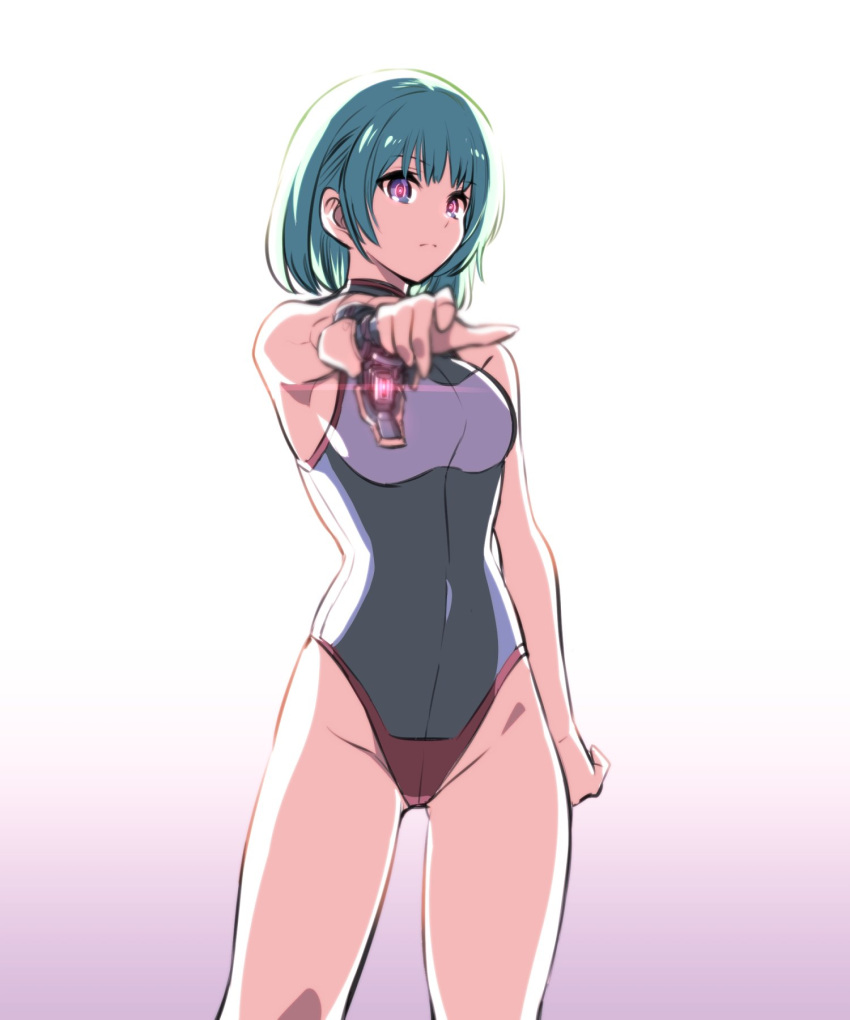 1girl android aqua_hair artificial_eye energy_weapon glowing glowing_eyes highres ishiyumi joints leotard mechanical_arms mechanical_eye original robot_joints short_hair solo violet_eyes
