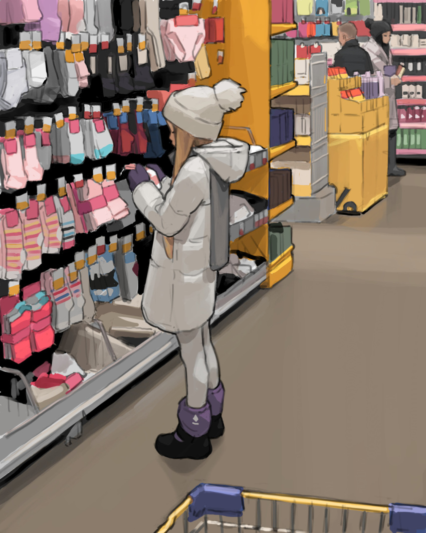 1girl beanie black_footwear blonde_hair boots child coat from_side gloves grey_scarf hat highres holding hood hood_down indoors long_hair luimiart original pantyhose purple_gloves scarf shop shopping_cart socks solo_focus standing symbol_commentary white_coat white_legwear winter_clothes winter_coat