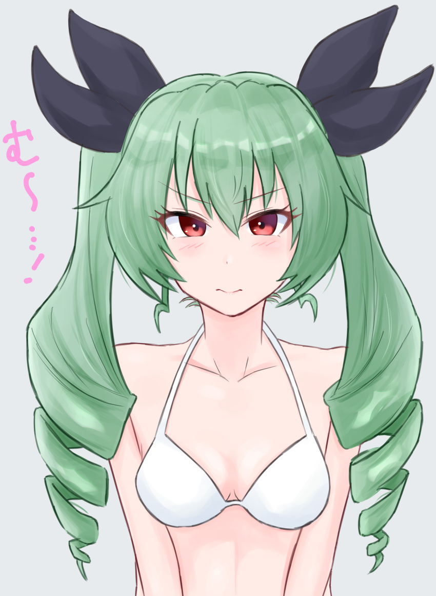 1girl absurdres anchovy_(girls_und_panzer) bangs bikini black_ribbon blush breasts closed_mouth commentary drill_hair eyebrows_visible_through_hair frown girls_und_panzer green_hair grey_background hair_ribbon halterneck highres lain_(sist_as) long_hair looking_at_viewer medium_breasts red_eyes ribbon simple_background solo swimsuit translated twin_drills twintails upper_body white_bikini