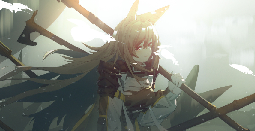 1girl absurdres animal_ears arknights brown_hair ceobe_(arknights) coat dog_ears dog_girl dog_tail highres holding holding_weapon loftcat long_hair solo tail very_long_hair weapon