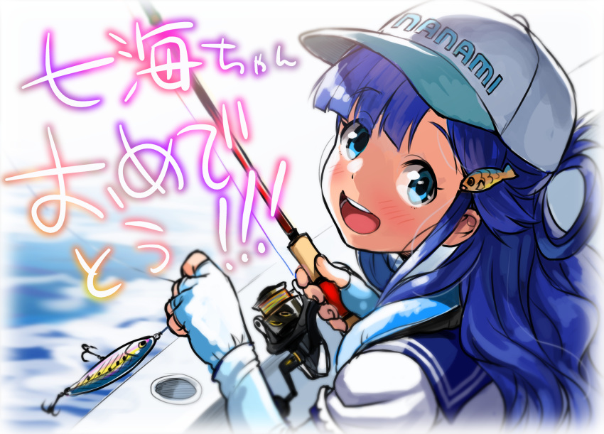 asari_nanami bait bangs baseball_cap blouse blue_eyes blue_hair blue_sailor_collar blunt_bangs blush boat character_name commentary_request congratulations eyebrows_visible_through_hair eyes_visible_through_hair fingerless_gloves fish_hair_ornament fishing fishing_hook fishing_line fishing_rod from_above gloves hair_ornament hair_over_shoulder hair_rings hat highres holding holding_fishing_rod idolmaster idolmaster_cinderella_girls life_vest long_hair long_sleeves looking_back looking_up name_tag open_mouth outdoors round_teeth sailor_collar school_uniform serafuku shirane_taito sketch smile teeth upper_teeth water watercraft white_blouse white_gloves white_stripes