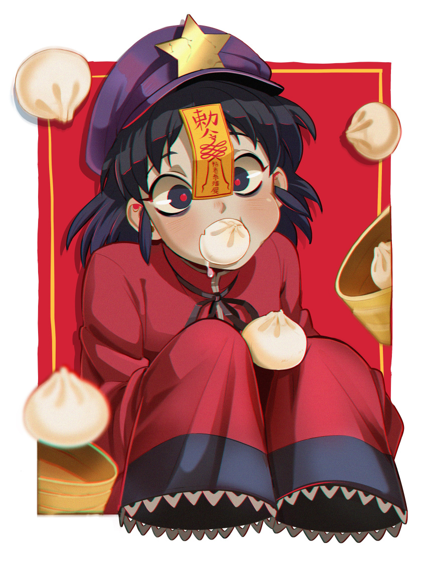 1girl absurdres black_eyes black_hair blush chromatic_aberration dumpling eating food food_in_mouth hat_ornament highres miyako_yoshika oversized_clothes red_background red_pupils red_shirt shirt short_hair simple_background solo star_(symbol) star_hat_ornament touhou umamimochi upper_body
