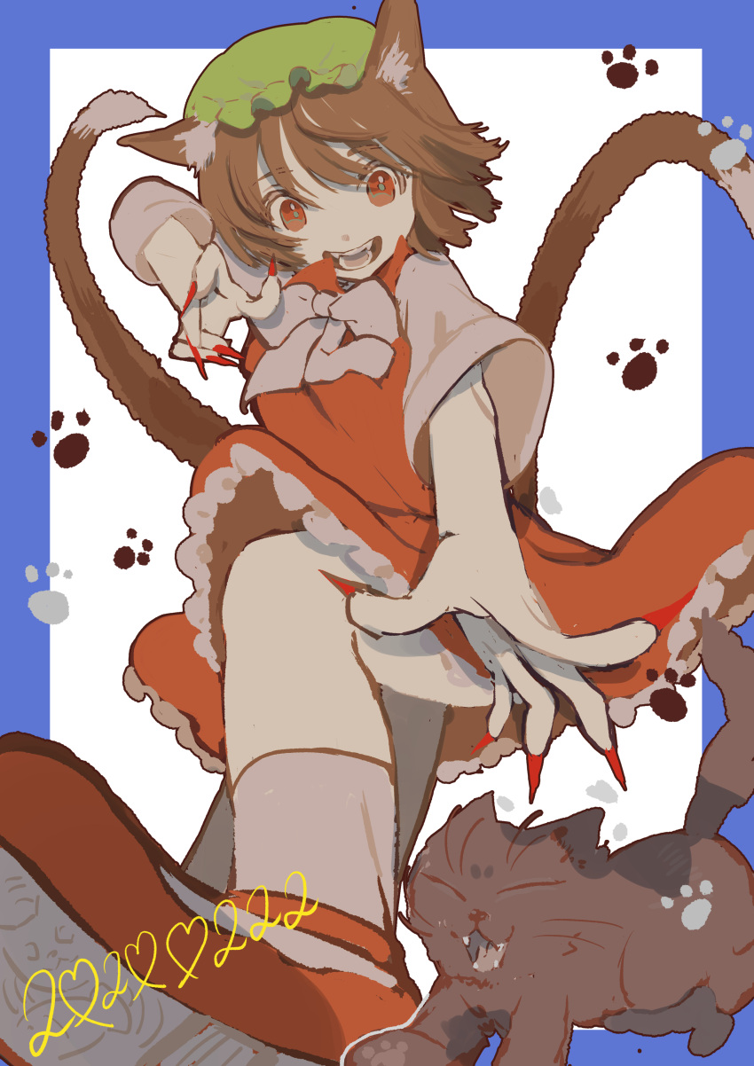 1girl :d absurdres animal_ear_fluff animal_ears bow bowtie brown_hair cat cat_day cat_ears cat_tail chen dress fingernails foreshortening hat highres mi_ri_000 mob_cap multiple_tails nail_polish nekomata open_mouth paw_print perspective red_dress red_eyes red_nails sharp_fingernails short_hair simple_background smile solo tail touhou two_tails white_background white_neckwear