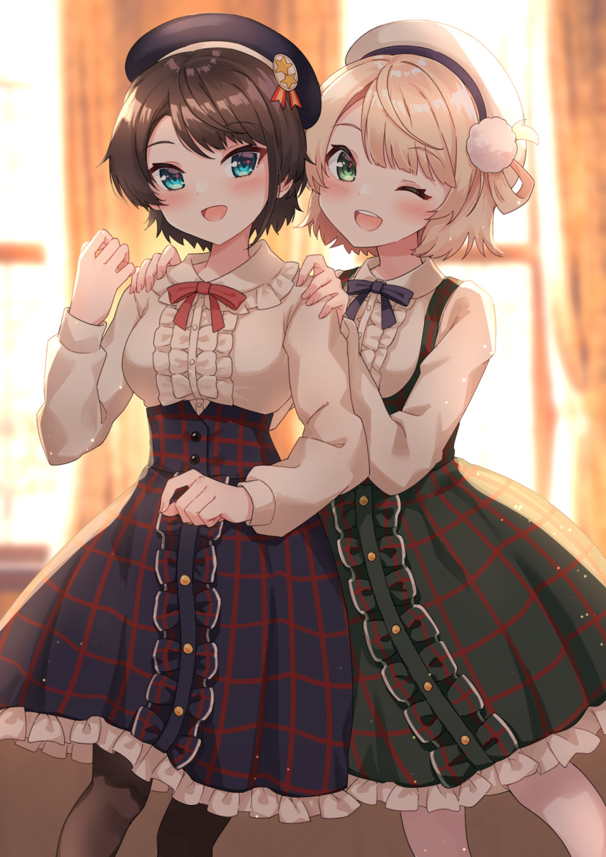 2girls :d ;d bangs beret black_hair black_legwear blue_bow blue_eyes blue_headwear blue_skirt blurry blurry_background blush bow commentary_request depth_of_field eyebrows_visible_through_hair frilled_skirt frills green_eyes green_skirt hands_on_another's_shoulders hat high-waist_skirt highres hololive indie_virtual_youtuber indoors long_sleeves looking_at_viewer multiple_girls one_eye_closed oozora_subaru open_mouth pantyhose plaid plaid_skirt profnote red_bow shigure_ui_(vtuber) shirt short_hair skirt smile standing swept_bangs virtual_youtuber white_headwear white_legwear white_shirt