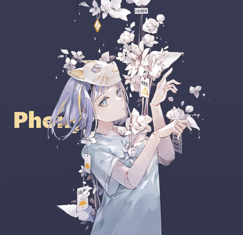 1girl bangs barcode cat_mask doll_joints english_text flower hands_up highres joints light_blue_eyes looking_at_viewer mask mask_on_head mechari paw_pose phony_(vocaloid) shirt short_hair sign silver_hair solo t-shirt upper_body warning_sign white_flower