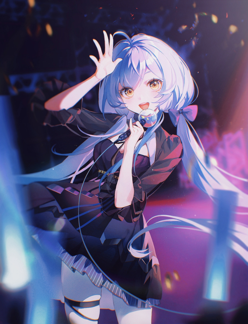 1girl :d ahoge bangs black_dress blurry blurry_background bow cowboy_shot dress floating_hair hair_between_eyes hair_bow highres holding holding_microphone idol k551662 long_hair looking_at_viewer low_twintails microphone open_mouth pink_bow short_dress silver_hair skindentation smile solo stage standing thigh_strap twintails very_long_hair vocaloid xingchen yellow_eyes