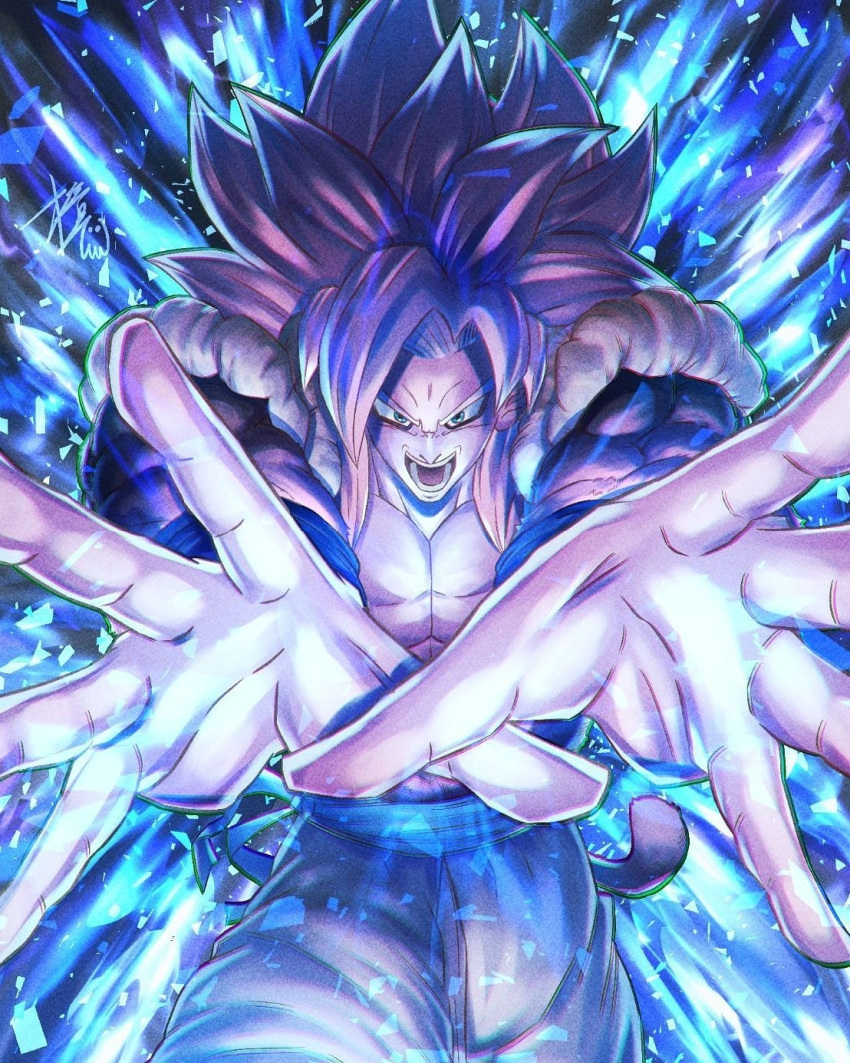 big_bang_kamehameha blue_eyes brown_fur dragon_ball dragon_ball_gt gogeta hands highres incoming_attack kusu_den metamoran_vest monkey_boy monkey_tail obi open_mouth outstretched_arm outstretched_hand pants redhead sash spiky_hair super_saiyan super_saiyan_4 tail white_pants wristband