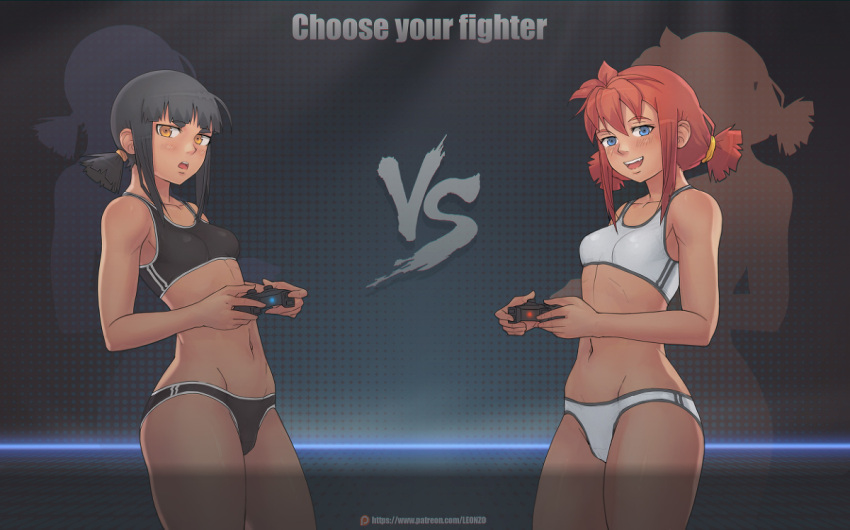 2girls :d bangs bare_arms bare_shoulders black_hair black_panties blue_eyes blunt_bangs blush breasts brown_eyes collarbone commentary controller cowboy_shot english_text fang gloomy_(leonzo030) holding holding_controller leonzo030 looking_at_viewer medium_breasts multiple_girls navel open_mouth original panties playstation_controller redhead short_hair smile sports_bikini sports_bra stomach twintails underwear vs white_panties