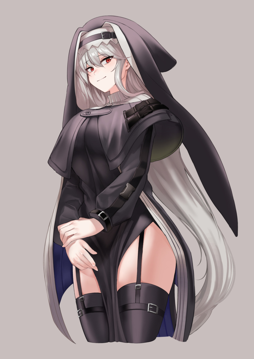 1girl arknights bangs beruko14 black_capelet black_headwear black_legwear breasts capelet closed_mouth coat cowboy_shot cropped_legs garter_straps grey_background habit hair_between_eyes hand_on_own_wrist highres jewelry large_breasts long_hair looking_at_viewer nun off_shoulder open_clothes pelvic_curtain red_eyes signature silver_hair simple_background smile specter_(arknights) sweater thigh-highs turtleneck turtleneck_sweater weapon zettai_ryouiki