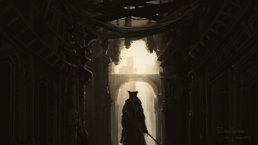 1other ambiguous_gender artist_name bloodborne coat commentary copyright_name facing_away feet_out_of_frame from_behind gun hat highres holding hunter_(bloodborne) indoors light scenery standing sword tricorne tripdancer unsheathed weapon