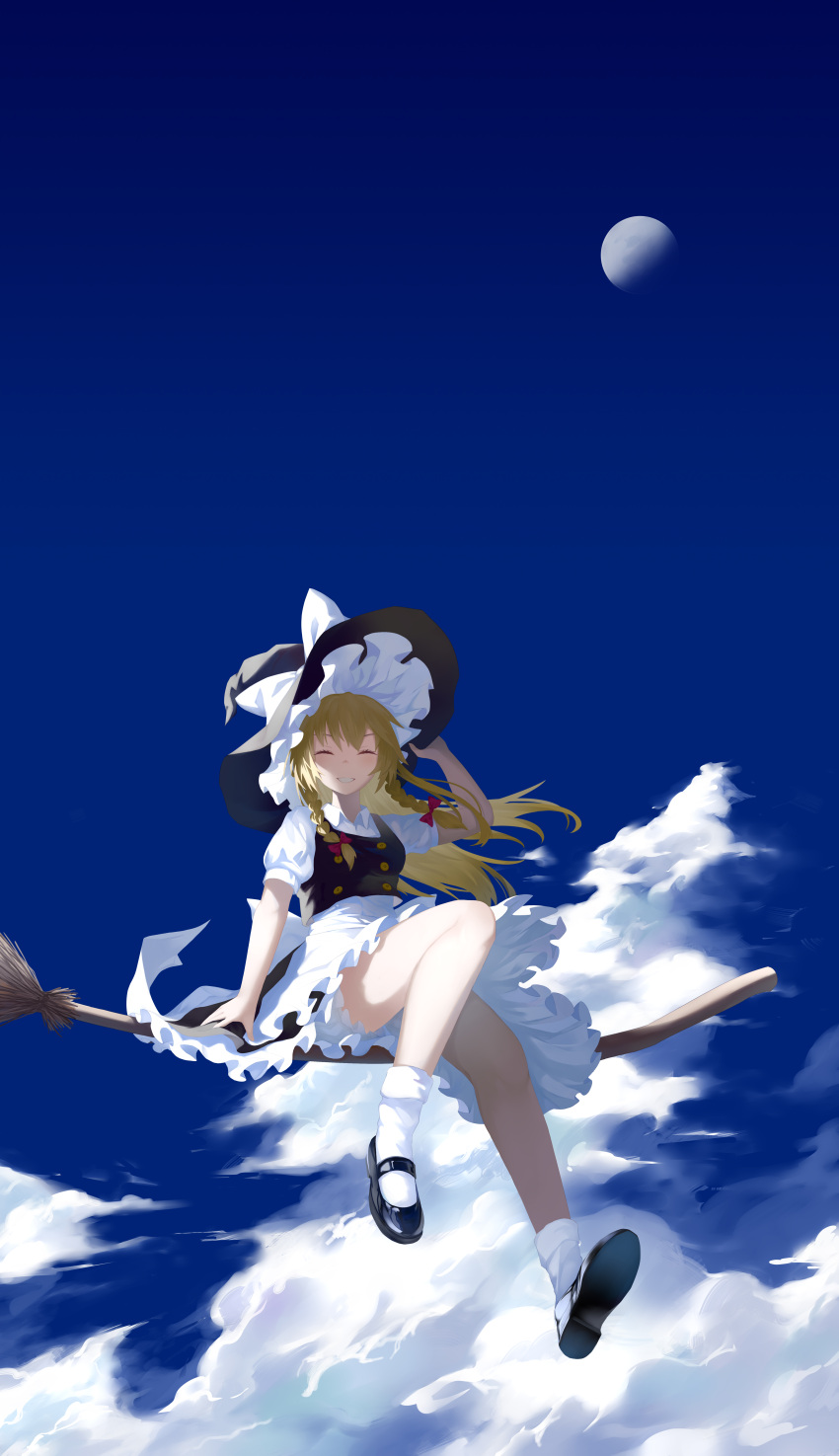 .l.l 1girl :d ^_^ absurdres apron arm_at_side arm_up bare_legs black_dress black_footwear black_headwear blonde_hair bloomers blue_sky bow braid broom broom_riding closed_eyes clouds collared_shirt day dress facing_viewer floating_hair frilled_apron frilled_dress frills full_body grin hair_bow hand_on_headwear hat highres kirisame_marisa long_hair mary_janes moon open_mouth outdoors pinafore_dress puffy_short_sleeves puffy_sleeves red_bow shirt shoes short_sleeves sitting sky smile socks solo teeth touhou twin_braids underwear very_long_hair waist_apron white_apron white_legwear white_shirt witch_hat