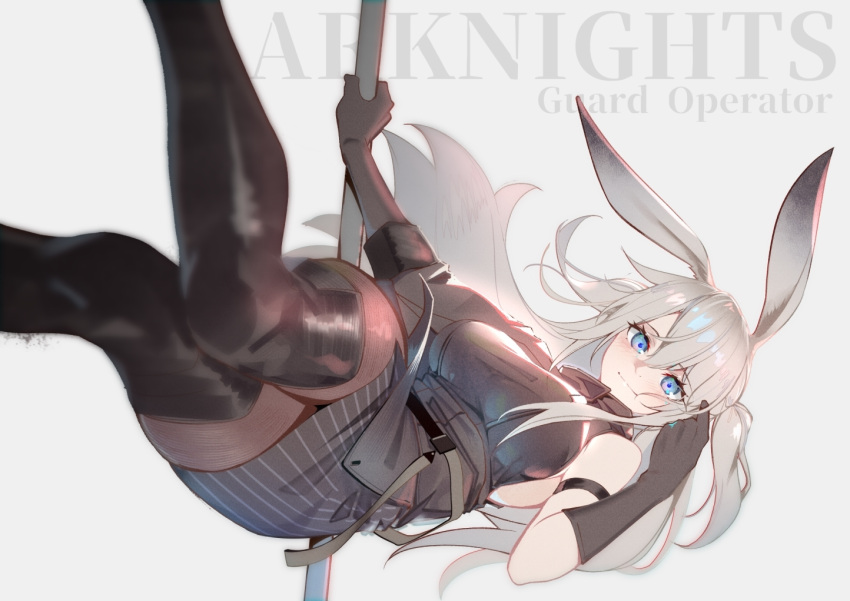 1girl animal_ears arknights arm_strap black_gloves black_legwear black_shirt black_skirt blue_eyes copyright_name dutch_angle elbow_gloves feet_out_of_frame gloves holding knees_together_feet_apart long_hair looking_at_viewer pantyhose rabbit_ears savage_(arknights) shirt side_ponytail silver_hair simple_background skirt solo thigh-highs warashi white_background