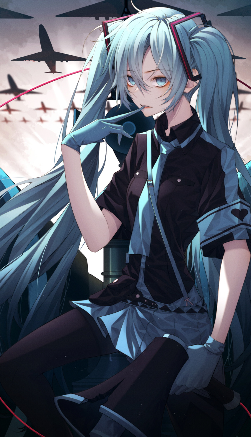 1girl aircraft airplane armband b-52_stratofortress bangs biting black_legwear black_shirt blue_eyes blue_gloves blue_hair blue_neckwear blue_skirt collared_shirt commentary_request damaged day eyebrows_visible_through_hair ginong glove_biting gloves hair_between_eyes hand_up hatsune_miku heart highres holding koi_wa_sensou_(vocaloid) long_hair megaphone outdoors pantyhose pleated_skirt shirt short_sleeves skirt solo twintails very_long_hair vocaloid