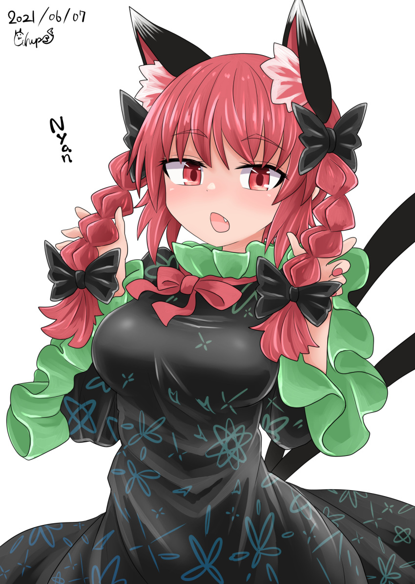 1girl animal_ear_fluff animal_ears bangs black_bow black_dress bow braid breasts cat_ears cat_tail chups dated dress eyebrows_visible_through_hair fang frilled_sleeves frills hair_bow highres holding holding_hair kaenbyou_rin large_breasts long_hair long_sleeves looking_at_viewer multiple_tails neck_ribbon nekomata nyan open_mouth red_eyes red_nails red_neckwear red_ribbon redhead ribbon side_braids signature simple_background solo tail touhou twin_braids two_tails upper_body white_background wide_sleeves