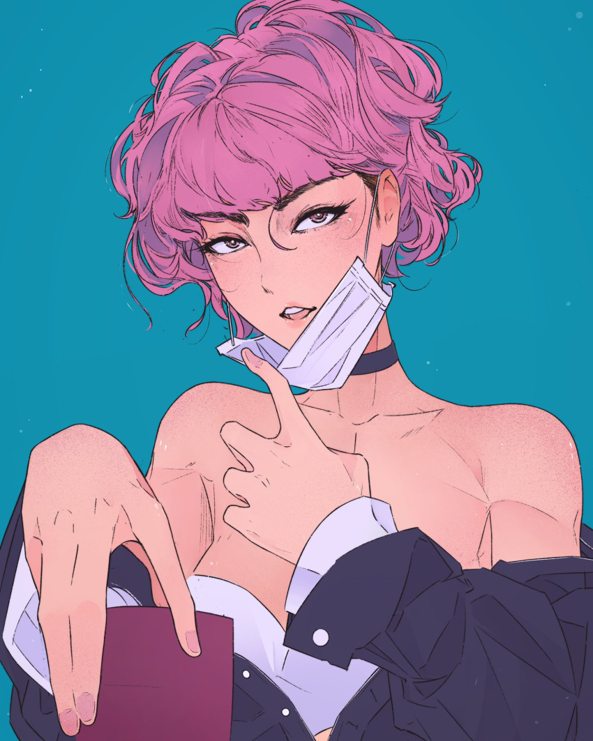 1girl bangs bare_shoulders black_choker blue_background choker collarbone elliemaplefox highres long_sleeves looking_at_viewer mask mask_pull mouth_mask open_mouth original parted_lips pink_hair pink_nails short_hair simple_background solo white_mask