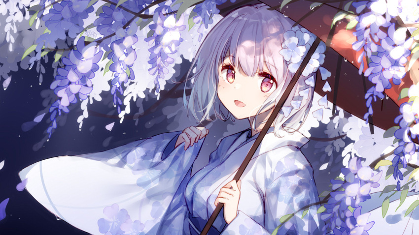 1girl :d bangs bison_cangshu commentary_request eyebrows_visible_through_hair flower gridman_universe hair_between_eyes hands_up holding holding_umbrella japanese_clothes kimono long_sleeves looking_at_viewer obi oil-paper_umbrella open_mouth pink_hair purple_flower red_eyes red_umbrella sash shinjou_akane sleeves_past_fingers sleeves_past_wrists smile solo ssss.gridman umbrella upper_body white_kimono wide_sleeves wisteria
