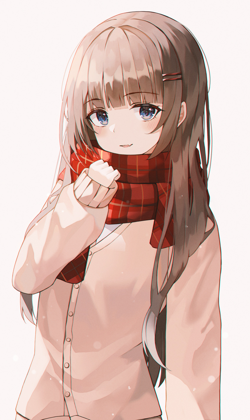 1girl absurdres bangs blue_eyes blunt_bangs blush brown_hair clenched_hand hair_ornament hairclip hand_up highres huge_filesize long_hair long_sleeves looking_at_viewer omul open_mouth original pink_shirt plaid plaid_scarf red_scarf scarf school_uniform shirt simple_background smile solo white_background