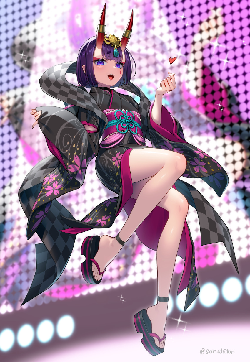 1girl absurdres bangs black_kimono bob_cut breasts choker eyeliner fate/grand_order fate_(series) floral_print headpiece highres horn_ornament horn_ring horns japanese_clothes kimono legs long_sleeves looking_at_viewer lostroom_outfit_(fate) makeup neckwear obi oni oni_horns open_mouth purple_hair sandals saruchitan sash short_hair shuten_douji_(fate) skin-covered_horns small_breasts smile solo stage stage_lights teeth violet_eyes wide_sleeves