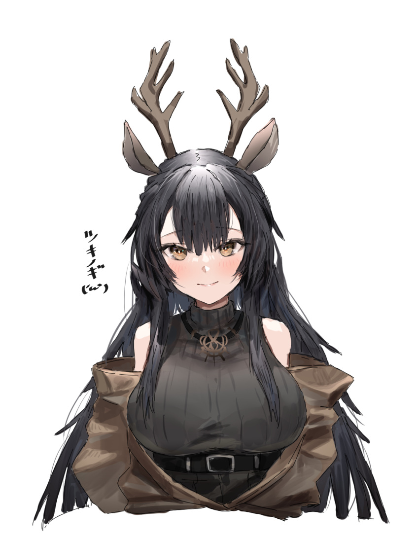 1girl animal_ears arknights bare_shoulders black_hair black_sweater blush breasts character_name commentary_request highres horns large_breasts long_hair looking_at_viewer off_shoulder raw_egg_lent ribbed_sweater sidelocks sleeveless sleeveless_turtleneck smile solo sweater translated tsukinogi_(arknights) turtleneck upper_body yellow_eyes