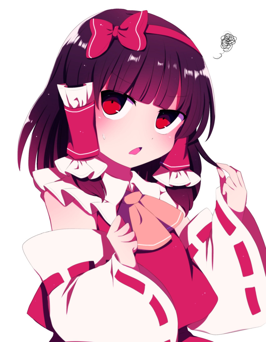 1girl alternate_hairstyle ascot bangs black_hair blunt_bangs bow detached_sleeves eyebrows_visible_through_hair hair_tubes hairband hakurei_reimu highres holding holding_hair looking_at_viewer medium_hair nontraditional_miko open_mouth red_bow red_eyes red_hairband red_shirt shirt simple_background solo squiggle sweatdrop touhou upper_body white_background wide_sleeves yellow_neckwear you_(noanoamoemoe)