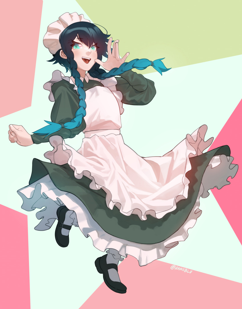1boy absurdres alternate_costume androgynous apron bangs black_hair blue_hair blush braid dress english_commentary enmaided eyebrows_visible_through_hair frilled_skirt frills genshin_impact gradient_hair green_eyes highres huge_filesize long_sleeves looking_at_viewer maid maid_apron maid_headdress male_focus multicolored_hair open_mouth puffy_sleeves raneblu short_hair_with_long_locks simple_background skirt smile solo twin_braids venti_(genshin_impact) victorian_maid