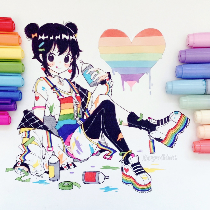 1girl anny_(yoai) bangs black_eyes black_hair black_legwear blush double_bun gay hair_ornament hairclip highres jacket jewelry knees_up lgbt_pride long_sleeves marker marker_(medium) off_shoulder original photo_(medium) pride_flag queer rainbow rainbow_flag rainbow_order ring shirt shoes short_hair short_sleeves single_sock single_thighhigh smile socks solo thigh-highs tongue tongue_out traditional_media twintails white_footwear white_jacket white_shirt zipper zipper_pull_tab