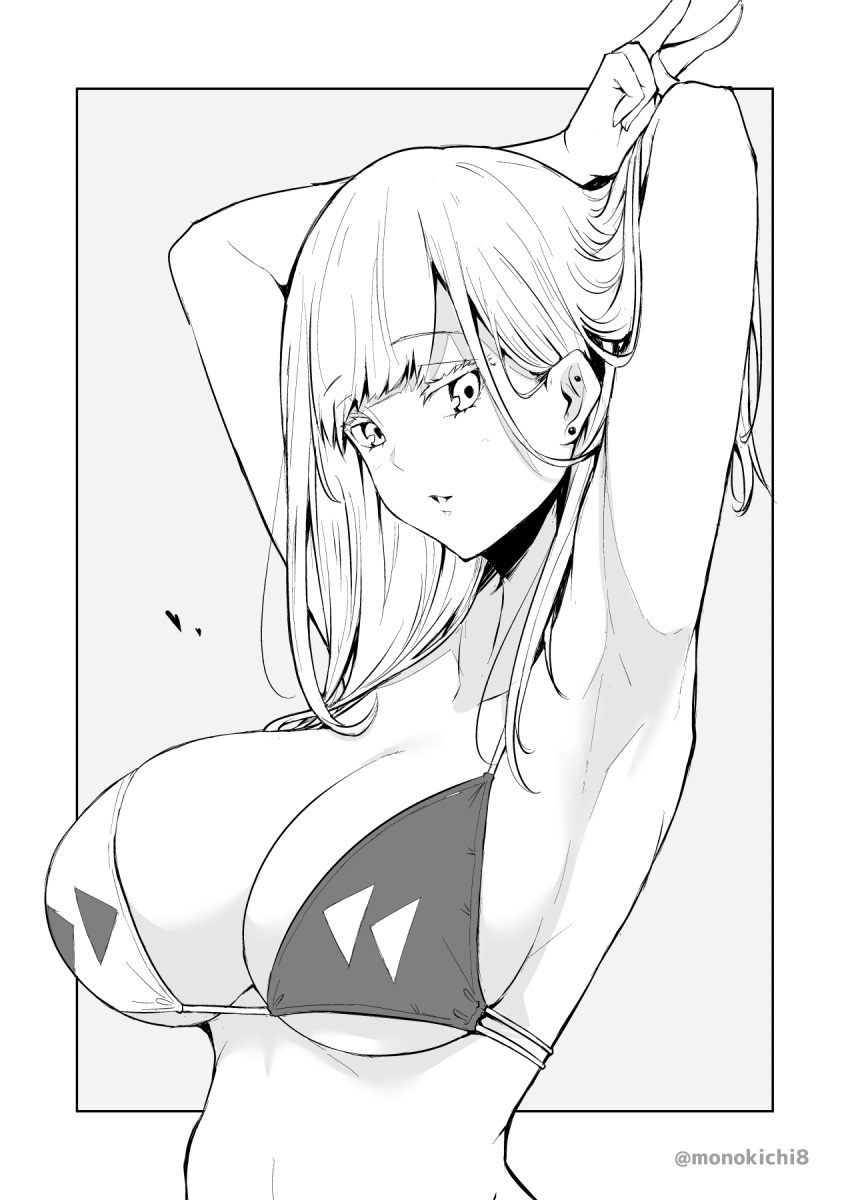 1girl arm_behind_head armpits bangs bikini bikini_top blunt_bangs breasts eyebrows_visible_through_hair grey_background greyscale highres kichihachi large_breasts looking_at_viewer monochrome original short_hair simple_background solo swimsuit twitter_username two-tone_background v white_background