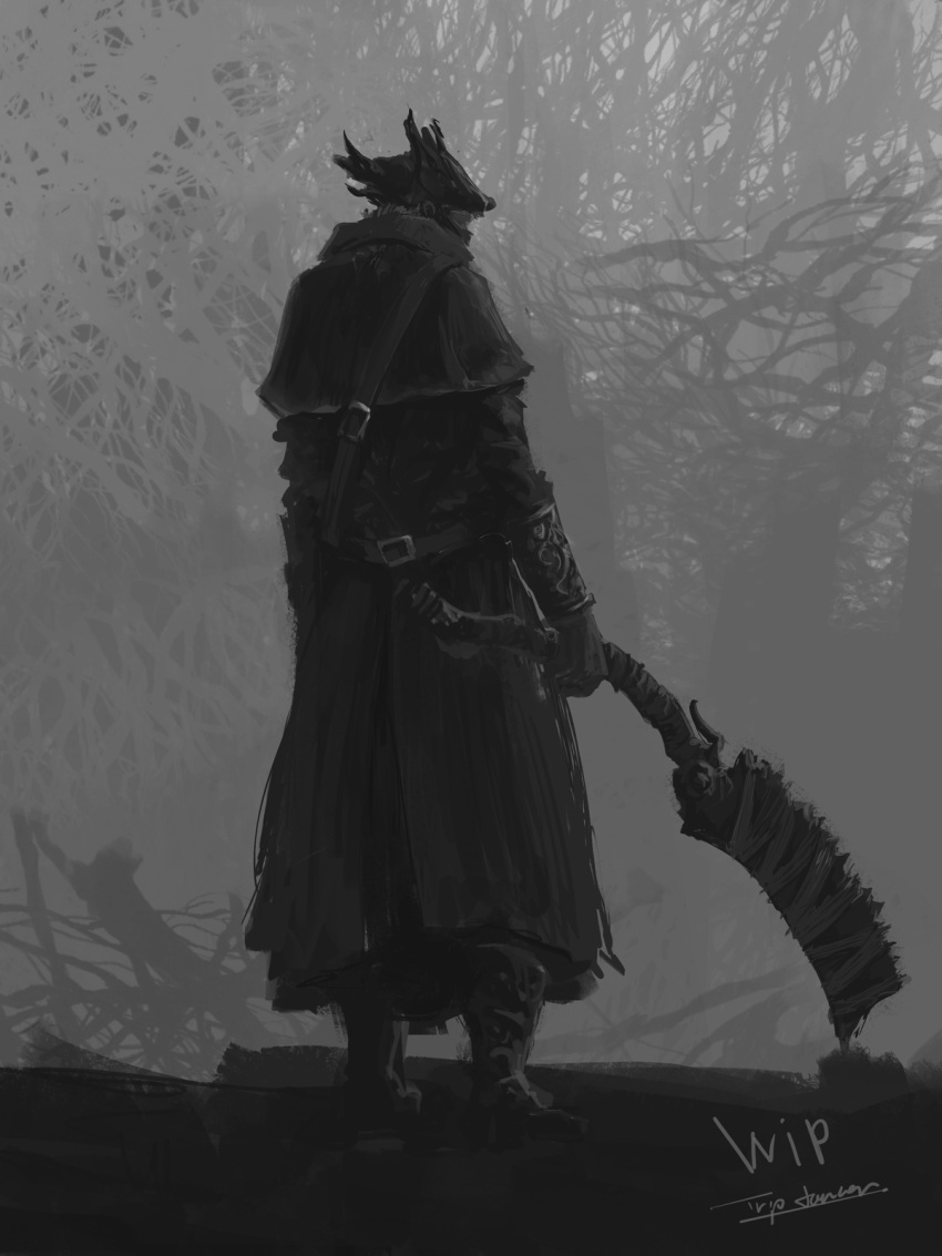 1other ambiguous_gender bloodborne boots capelet coat from_behind gloves hat highres holding hunter_(bloodborne) saw_cleaver sketch solo standing tree tricorne tripdancer weapon