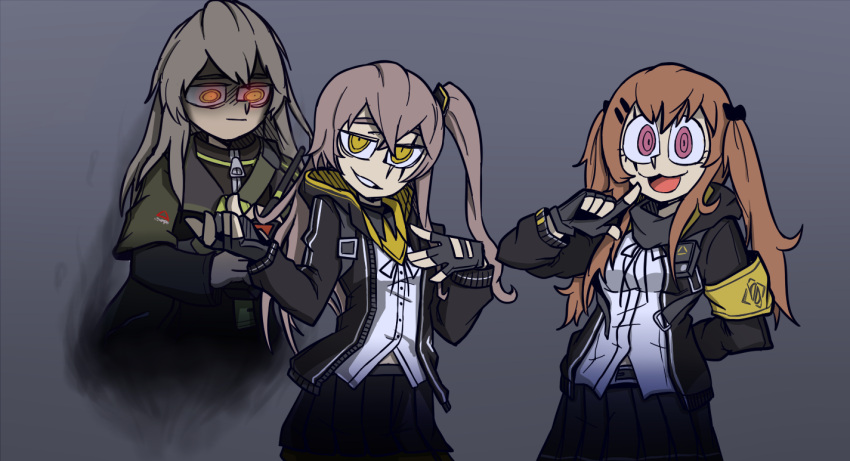 3girls 404_logo_(girls_frontline) bangs black_gloves black_jacket black_skirt brown_hair cowboy_shot expressionless fingerless_gloves ghost girls_frontline gloves glowing glowing_eyes grey_hair hair_between_eyes hair_ornament hair_ribbon hairclip haonfest_art helltaker jacket long_hair looking_at_viewer multiple_girls one_side_up open_clothes open_jacket open_mouth orange_eyes parted_lips pleated_skirt red_eyes ribbon scar scar_across_eye shirt skirt smile twintails ump40_(girls_frontline) ump45_(girls_frontline) ump9_(girls_frontline) vanripper_(style) white_shirt yellow_eyes