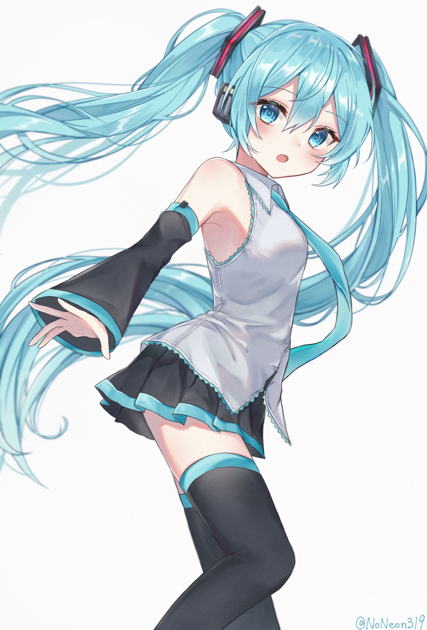 1girl :o absurdres bangs black_legwear black_sleeves blue_eyes blue_hair blue_neckwear blush commentary_request detached_sleeves eyebrows_visible_through_hair feet_out_of_frame from_side hair_between_eyes hatsune_miku highres long_hair long_sleeves looking_at_viewer miniskirt necktie noneon319 pleated_skirt shirt skirt sleeveless sleeveless_shirt solo standing thigh-highs twintails twitter_username very_long_hair vocaloid white_background white_shirt