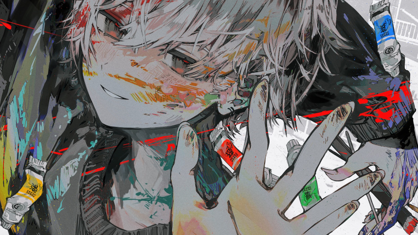 1boy arm_up bangs black_sweater fingernails grey_eyes hair_between_eyes highres holding long_fingernails long_sleeves looking_at_viewer male_focus original paint paint_on_face paint_tube paintbrush parted_lips solo sweater tekito_midori upper_body white_hair