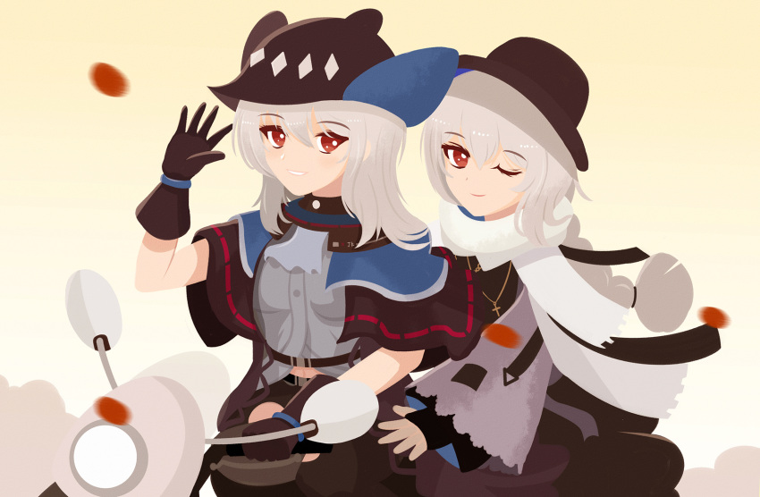 2girls arknights arm_up ascot belt black_capelet black_dress black_gloves black_headwear blush capelet chinese_commentary closed_mouth commentary cross cross_necklace dress eyebrows_visible_through_hair gloves grey_neckwear grey_shirt ground_vehicle hair_between_eyes hand_up hat highres jewelry lieyan_huangzi long_hair long_sleeves looking_at_viewer low-tied_long_hair midriff motor_vehicle multiple_girls navel necklace official_alternate_costume one_eye_closed outdoors parted_lips red_eyes scarf scooter shirt silver_hair skadi_(arknights) smile specter_(arknights) specter_(undercurrent)_(arknights) upper_body waving white_hair
