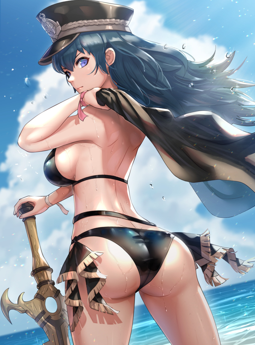 1girl absurdres ass back belt bikini black_bikini black_headwear black_jacket blue_hair blue_sky breasts byleth_(fire_emblem) byleth_eisner_(female) closed_mouth clouds cowboy_shot day fire_emblem fire_emblem:_three_houses floating_hair fringe_trim from_behind gonzarez hat highres holding holding_clothes holding_jacket horizon jacket jacket_removed large_breasts long_hair looking_at_viewer looking_back ocean peaked_cap planted planted_sword serious sideboob sky solo swimsuit sword sword_of_the_creator violet_eyes water water_drop weapon wind wristband