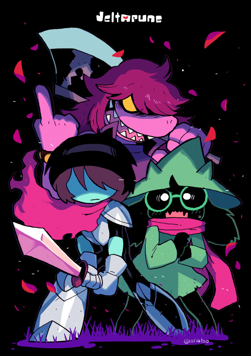 1boy 1girl 1other absurdres animal_ears axe black_background blue_skin cloak colored_skin covered_horns deltarune fangs glasses goat_ears goat_horns grass hair_over_one_eye hat highres horns kris_(deltarune) middle_finger monster_boy monster_girl multiple_boys over_shoulder petals purple_hair purple_skin ralsei rariatto_(ganguri) scarf sharp_teeth susie_(deltarune) sword teeth weapon weapon_over_shoulder